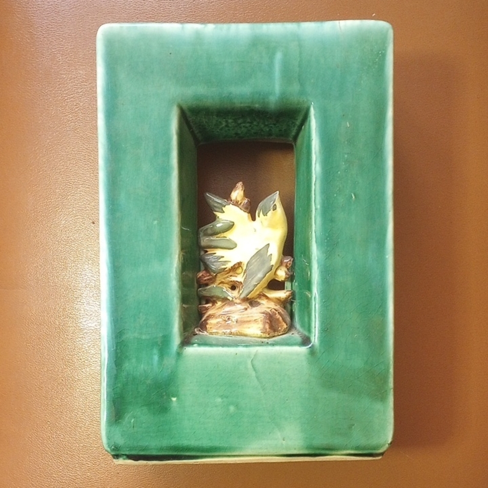 McCoy Vintage Ceramic Double Vase w/ Bird Insert.  Green Yellow Brown